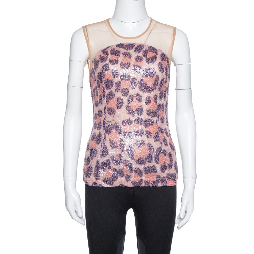 Image of Just Cavalli Multicolor Leopard Pattern Sequin Embellished Sleeveless Top S