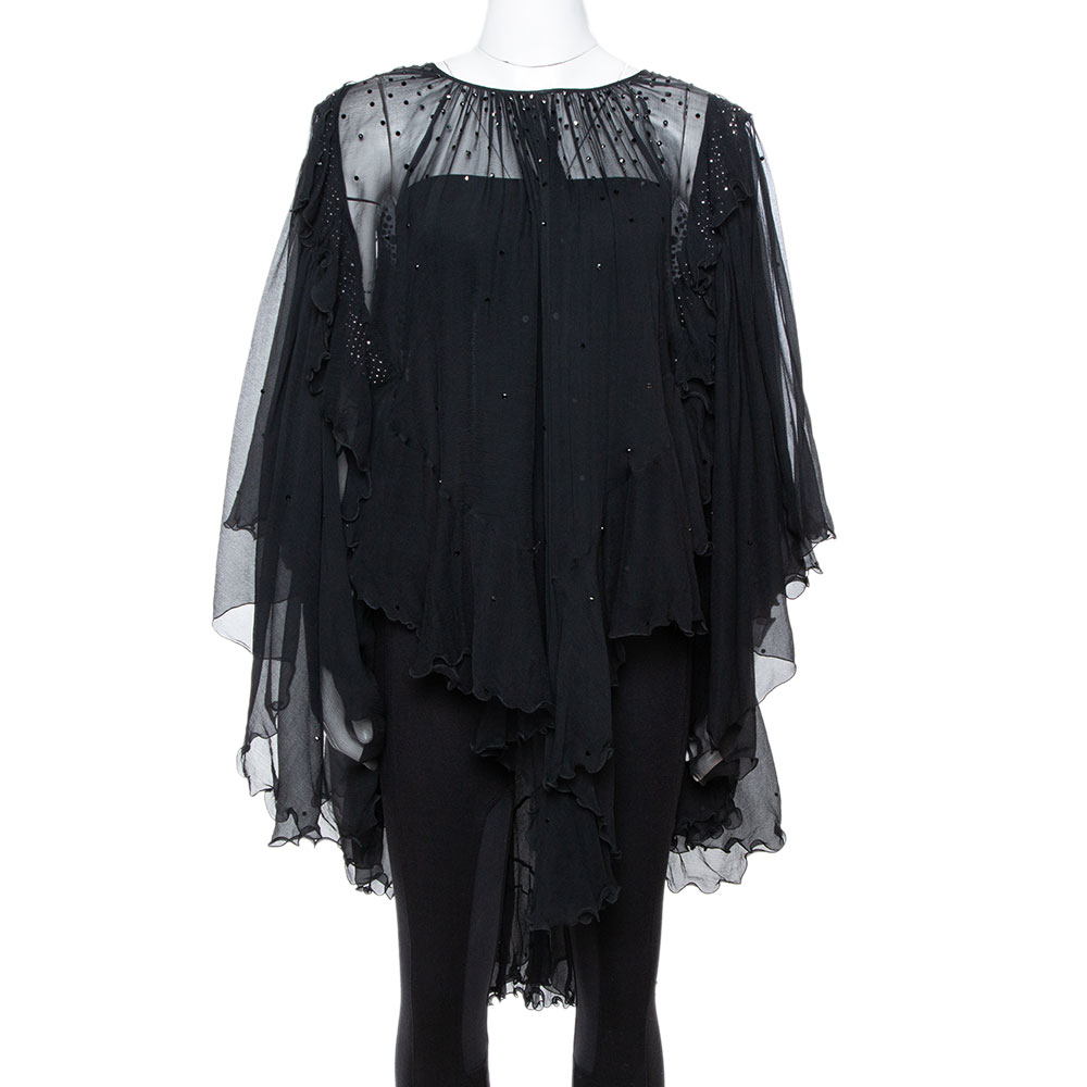 Image of Just Cavalli Black Chiffon Stud Embellished Ruffled Blouse M