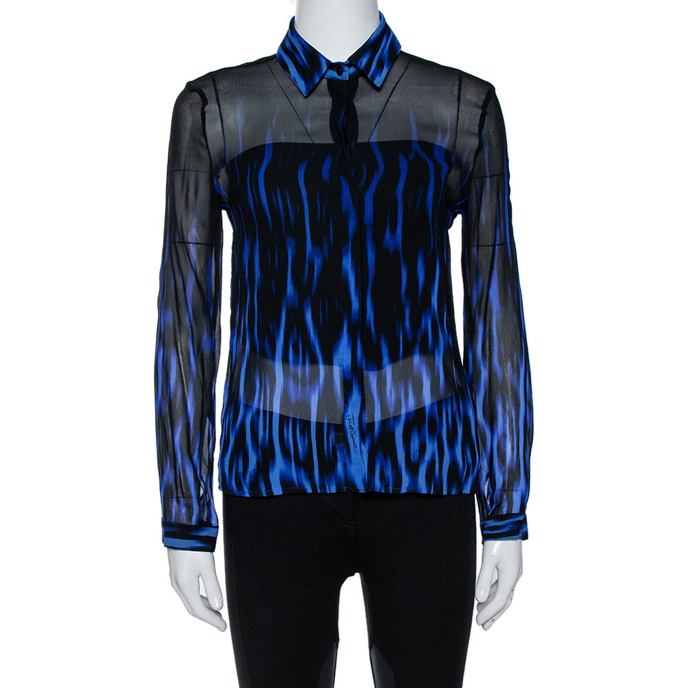 Image of Just Cavalli Black/Blue Ombre Silk Long Sleeve Shirt M