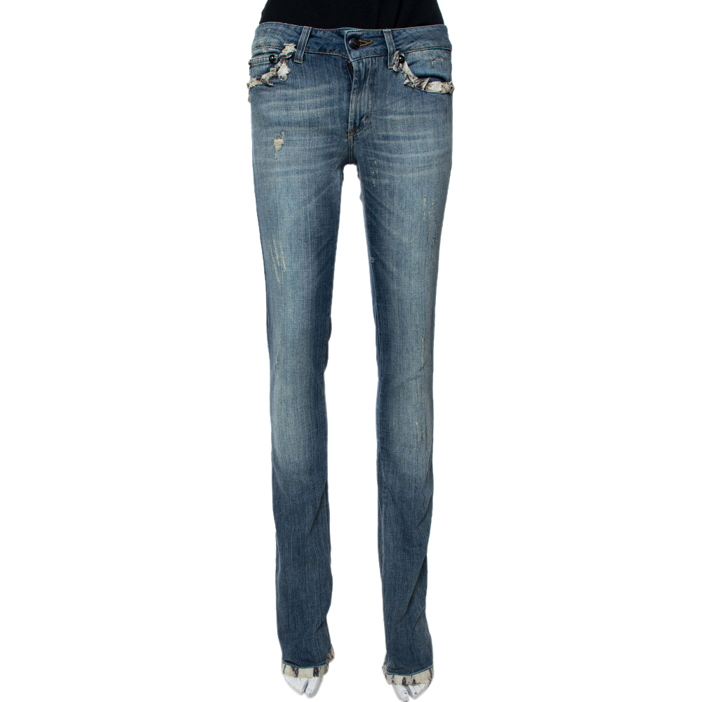 Image of Just Cavalli Light Wash Denim Lace Trim Detail Straight Fit Jeans S