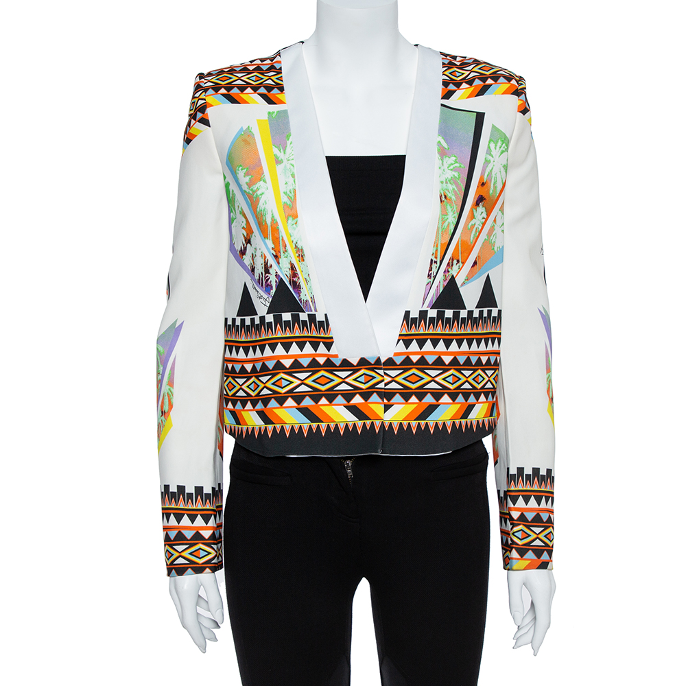 Just Cavalli Multicolor Abstract Nylon Blend Print Crop Top Blazer S