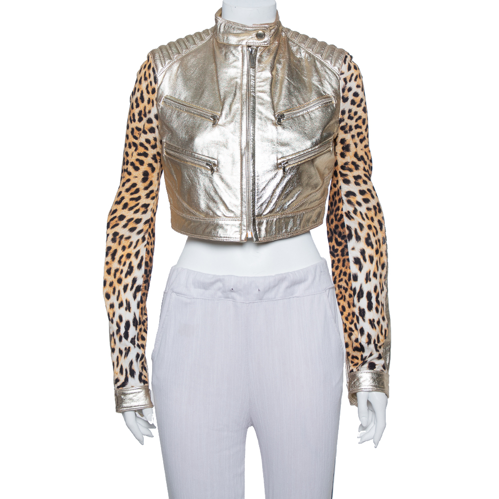 Image of Just Cavalli Gold Leather & Leopard Print Jersey Cropped Jacket M