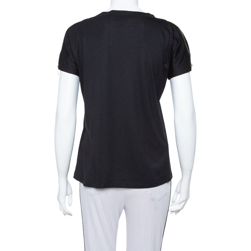 Just Cavalli Black Logo Printed Knit Zipper Detail T Shirt S