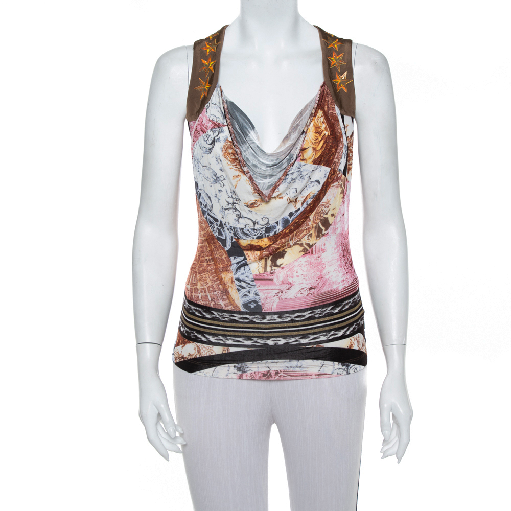 Just Cavalli Brown Printed Knit Draped Neck Sleeveless Top S