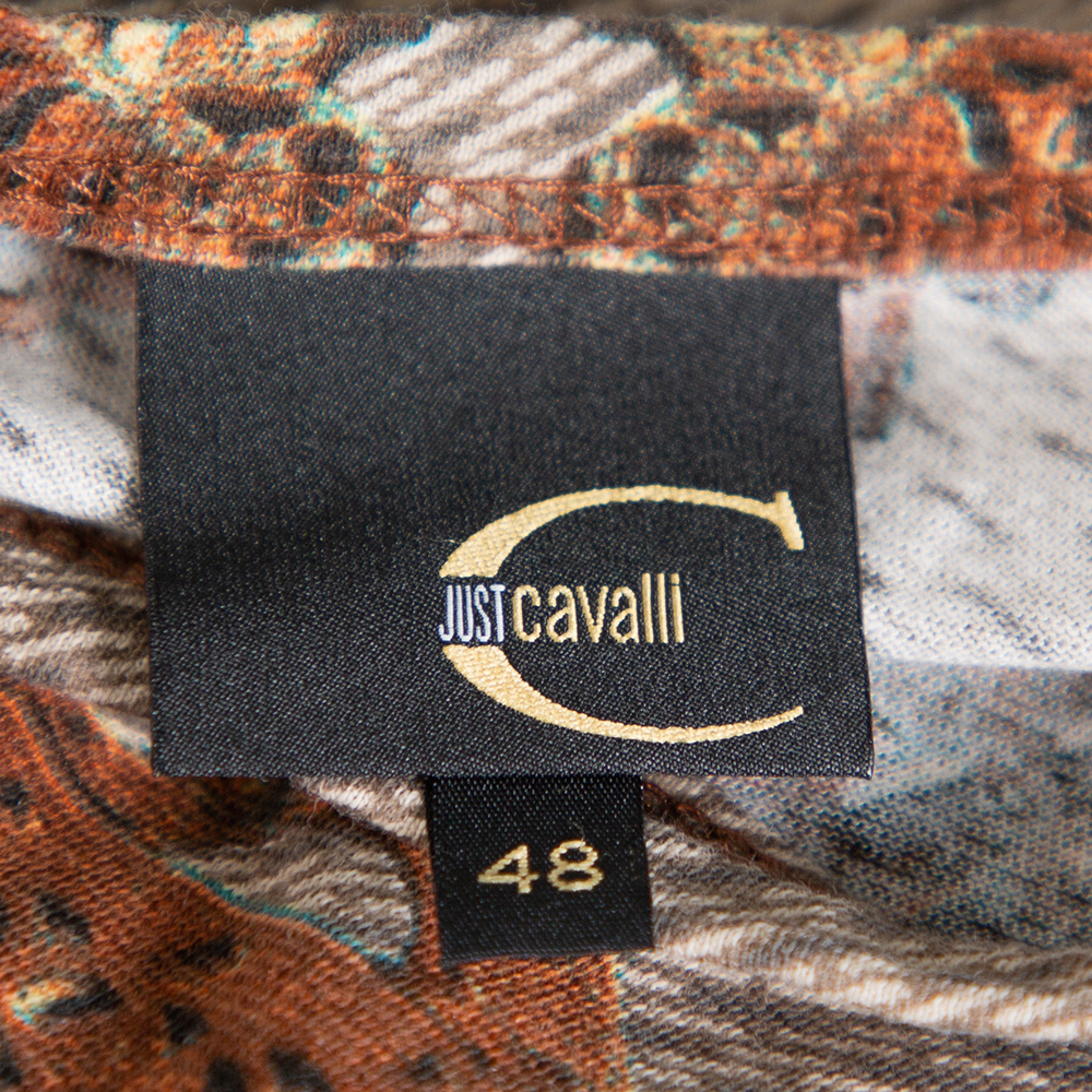 Just Cavalli Brown & Beige Printed Knit Short Sleeve Top L