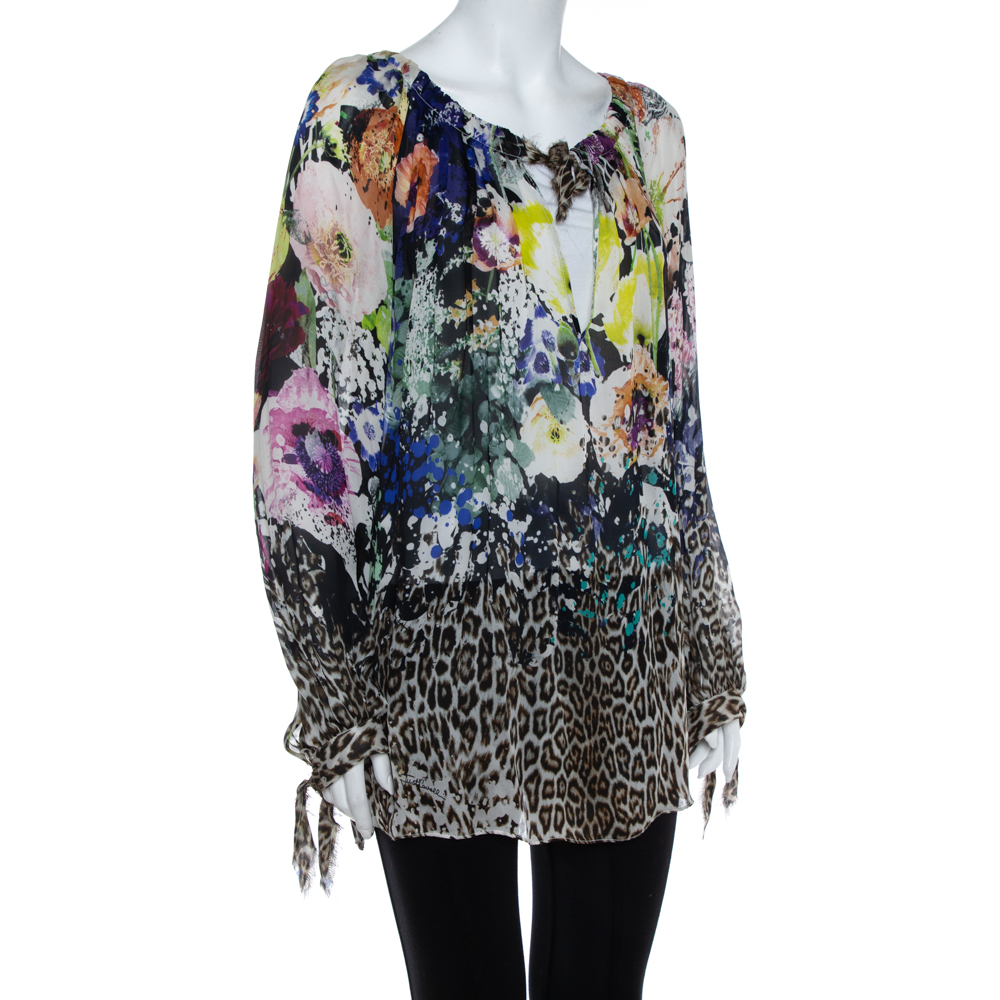 Just Cavalli Multicolor Floral & Animal Printed Silk Tunic M