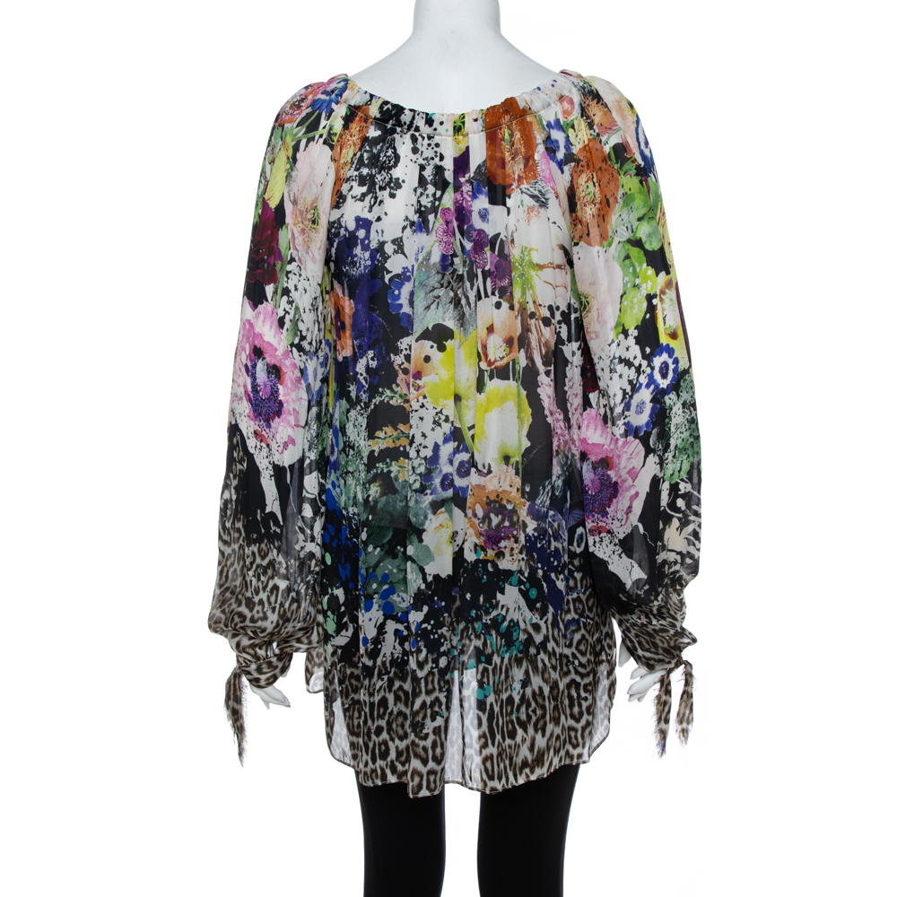 Just Cavalli Multicolor Floral & Animal Printed Silk Tunic M