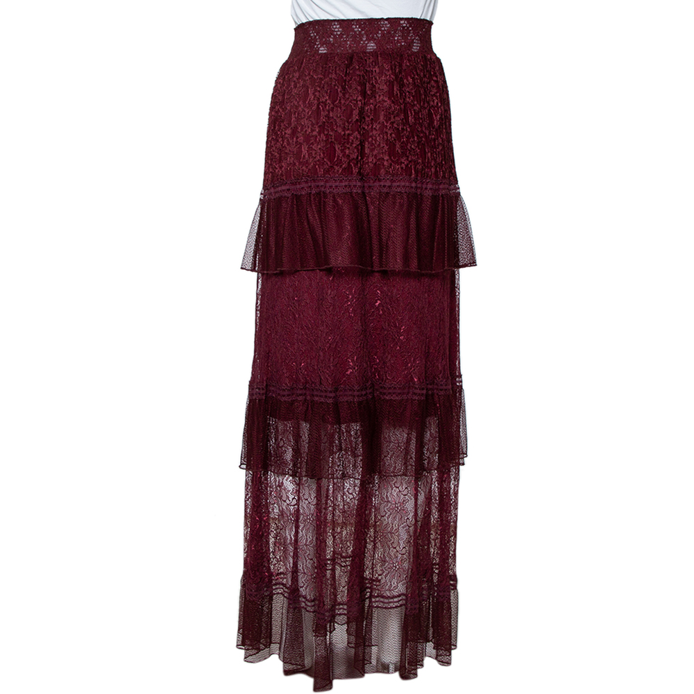Just Cavalli Burgundy Lace Tiered Paneled Maxi Skirt M