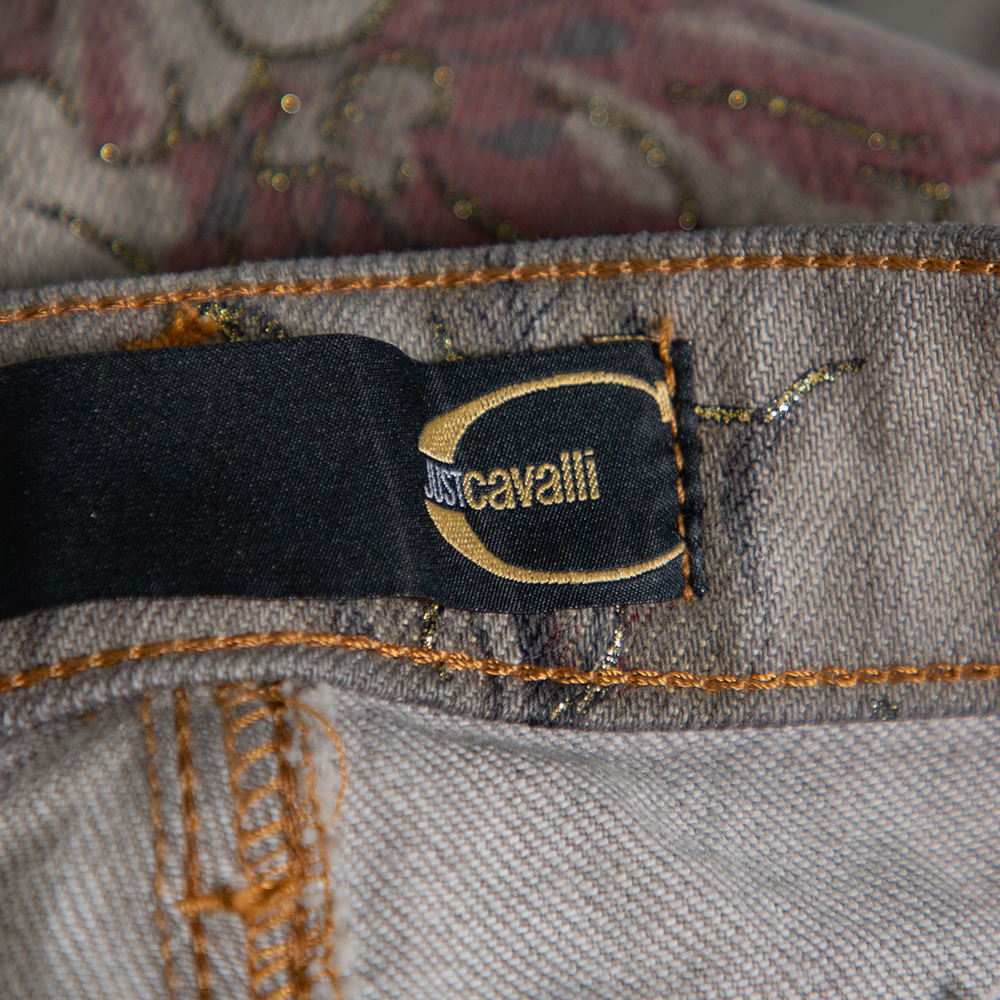 Just Cavalli Grey Floral Printed Denim Glitter Detail Bootcut Jeans M