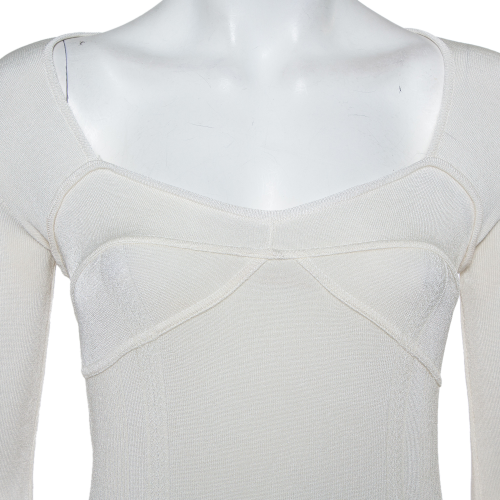 Just Cavalli Cream Rib Knit Long Sleeve Fitted Top M