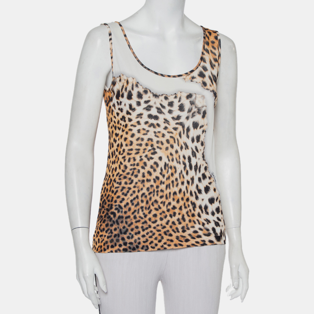 Just Cavalli Beige Animal Printed Knit Tank Top L