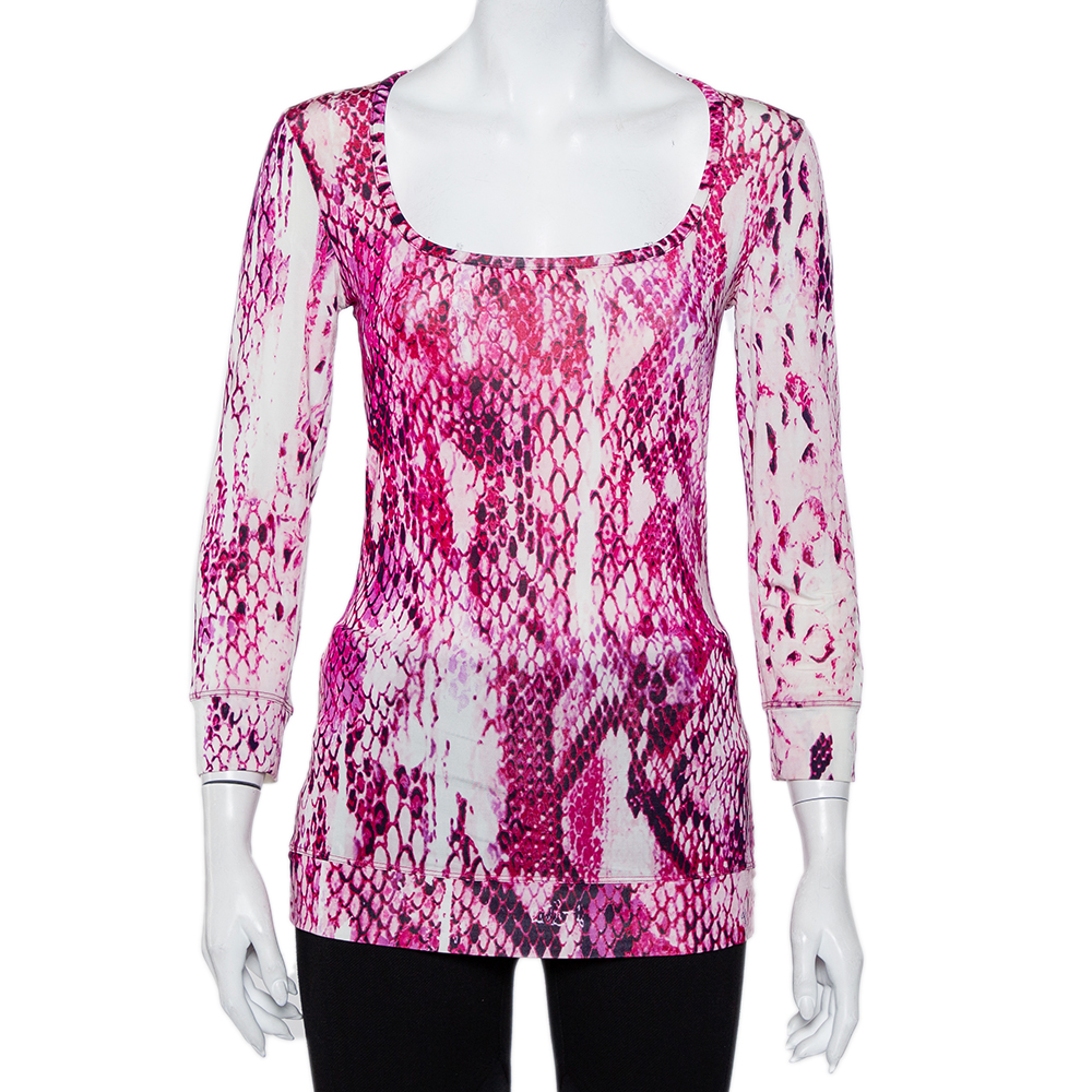 Just Cavalli Pink Animal Printed Knit Scoop Neck T-Shirt S
