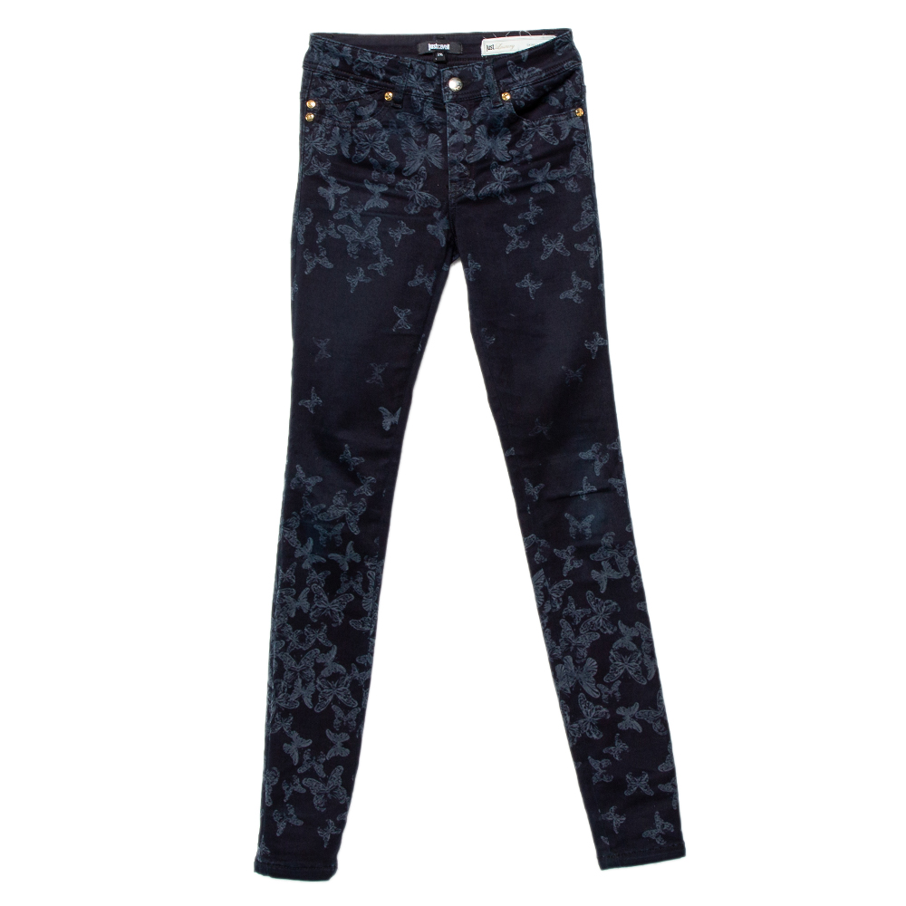 Just Cavalli Just Luxury Navy Blue Butterfly Printed Denim Skinny Leg Jeans S
