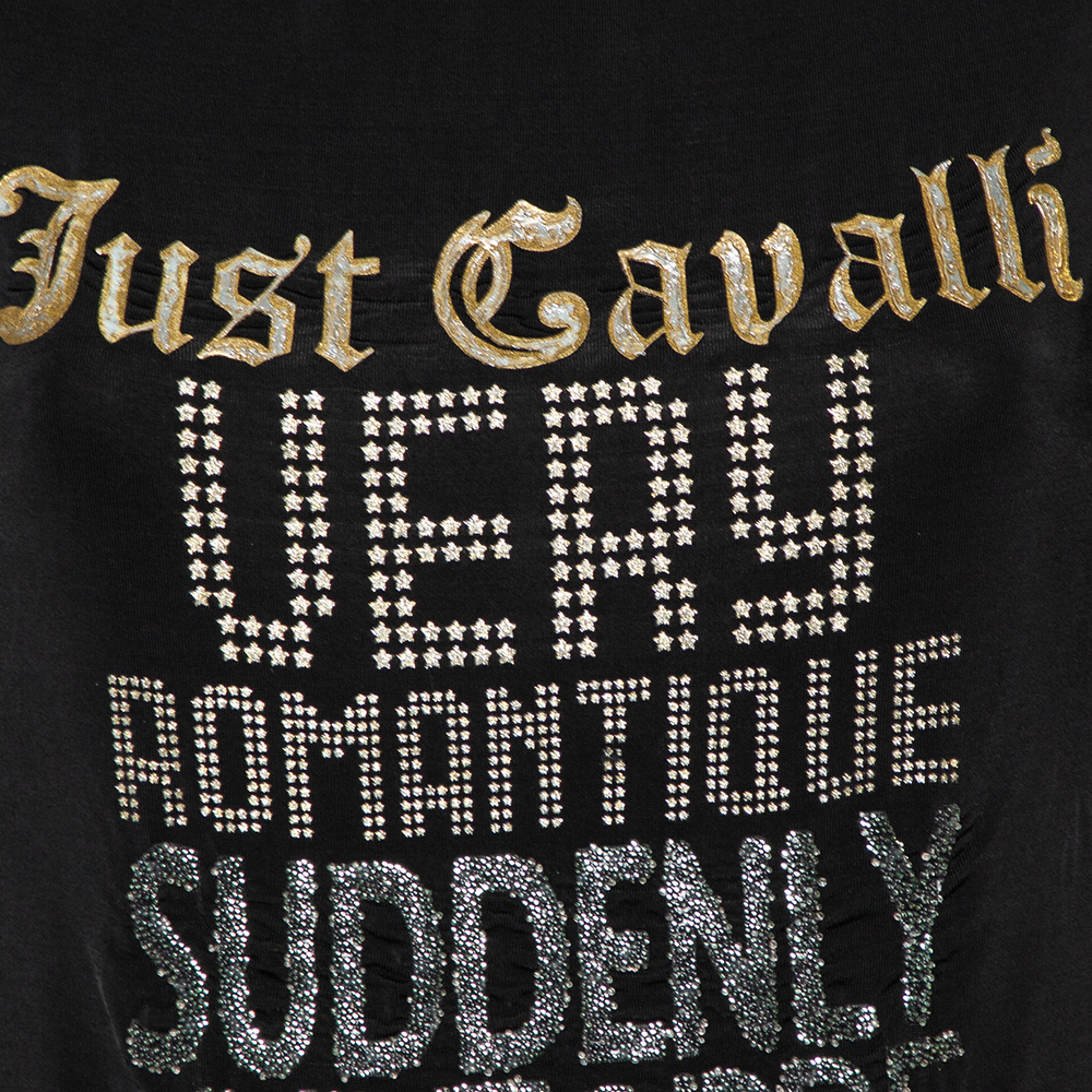 Just Cavalli Black Printed Jersey Puffed Armhole Detail T-Shirt S