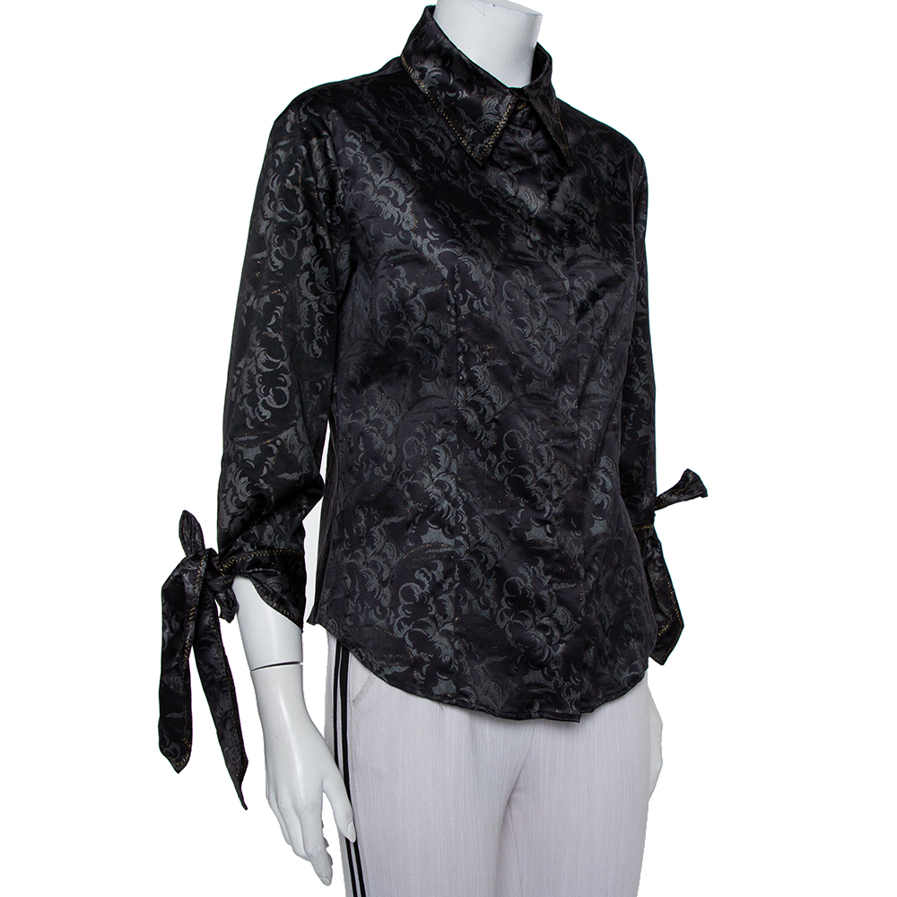 Just Cavalli Black Printed Satin Sleeve Tie Detail Shirt M