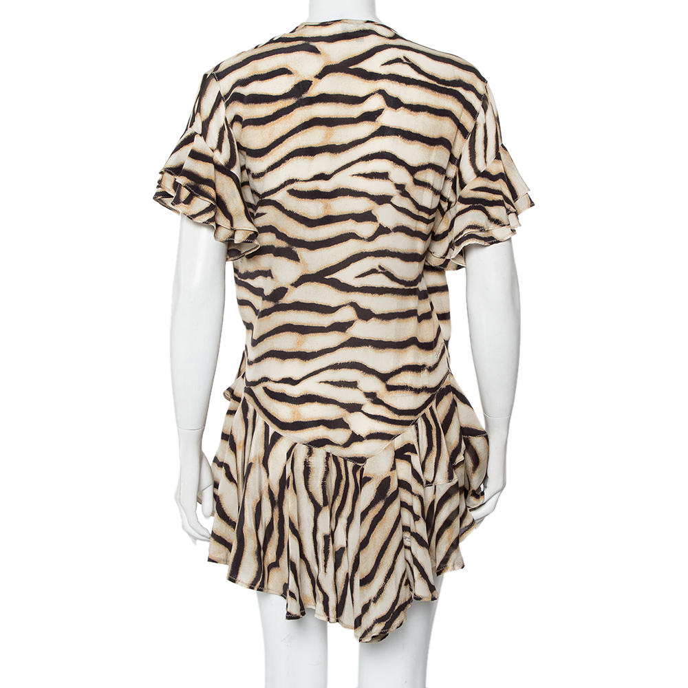 Just Cavalli Beige Animal Printed Silk Ruffled Mini Wrap Dress S