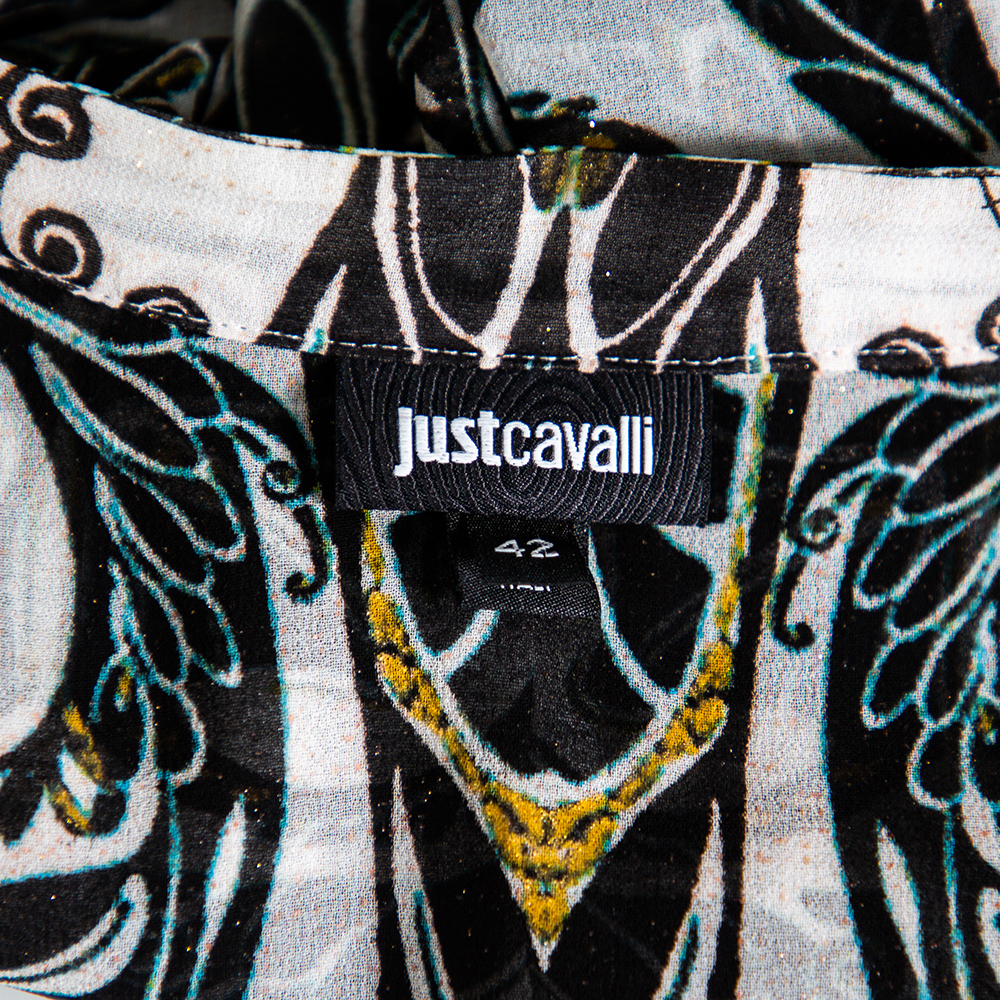 Just Cavalli Monochrome Printed Silk Sleeve Tie Detail Top M