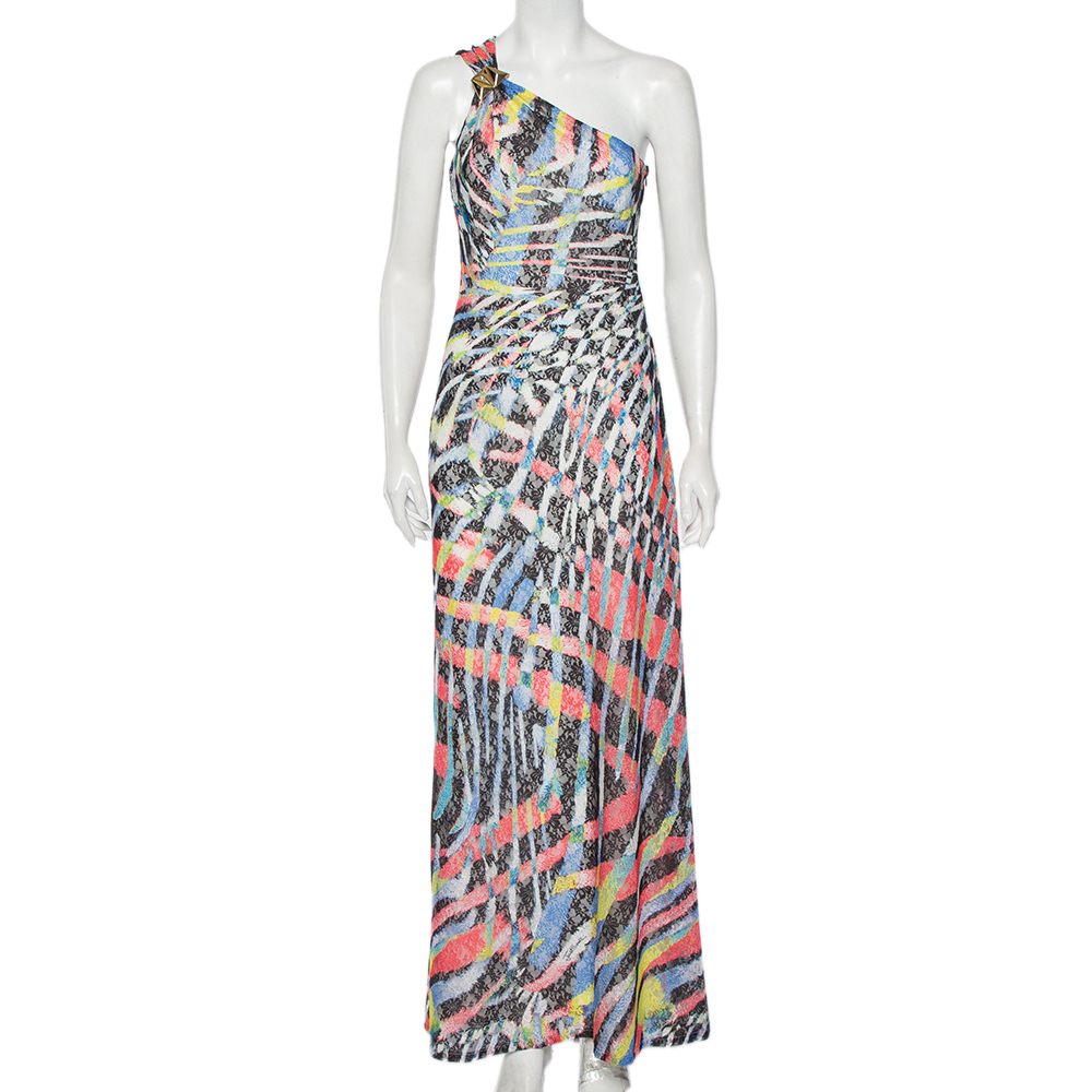 Just Cavalli Multicolor Printed Tulle One Shoulder Maxi Dress M