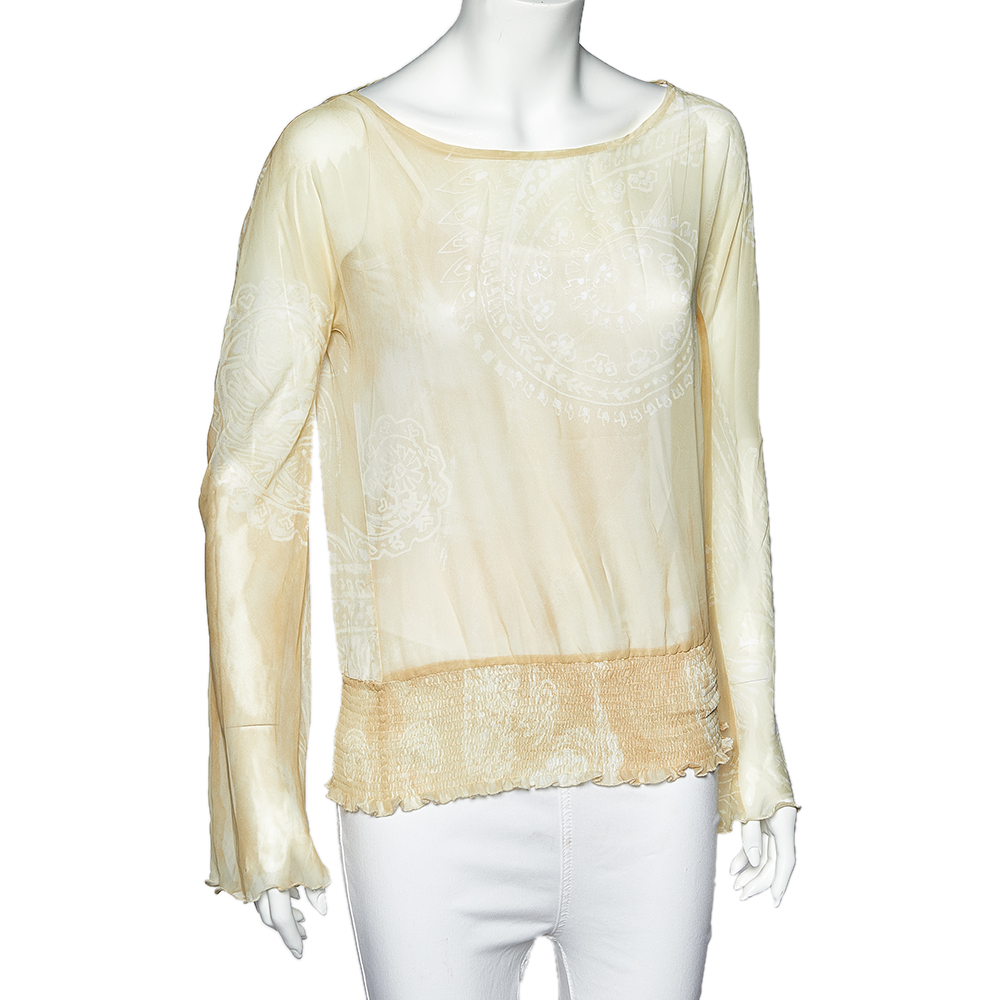 Just Cavalli Pale Yellow Printed Crepe Elasticized Hem Blouse M