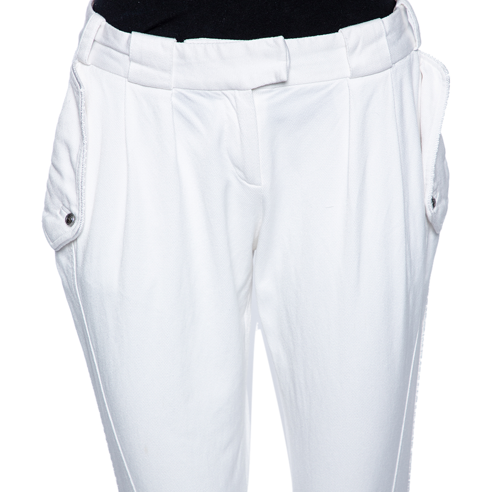 Just Cavalli White Cotton Blend Button Hem Detail Trousers M