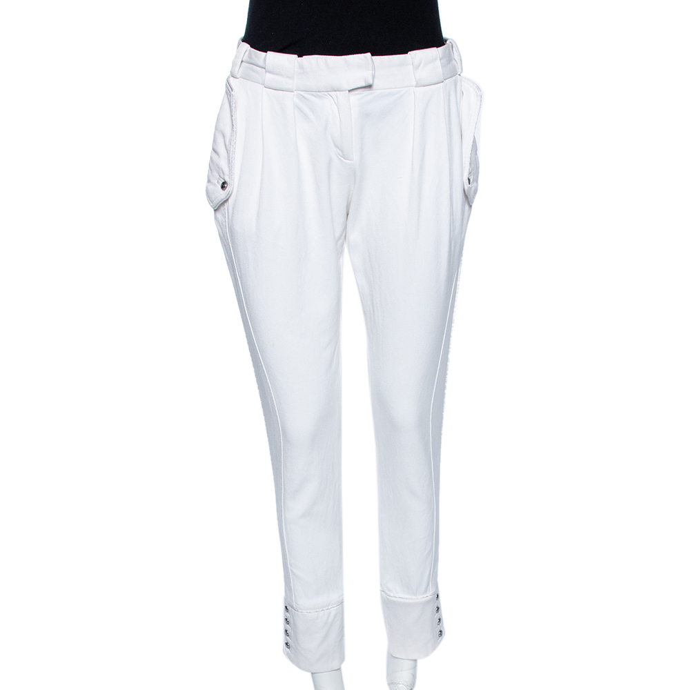 Just cavalli white cotton blend button hem detail trousers m