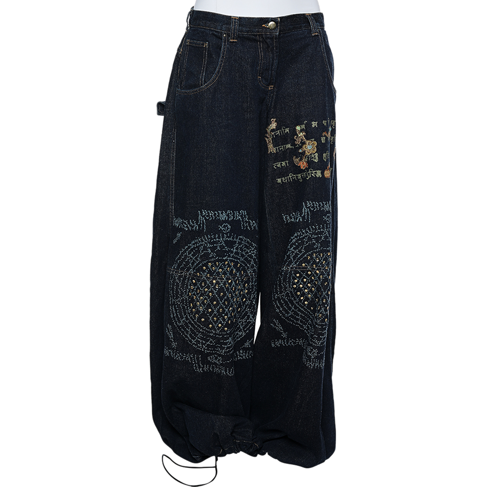 Just Cavalli Navy Blue Painted Denim Flared Leg Jeans L