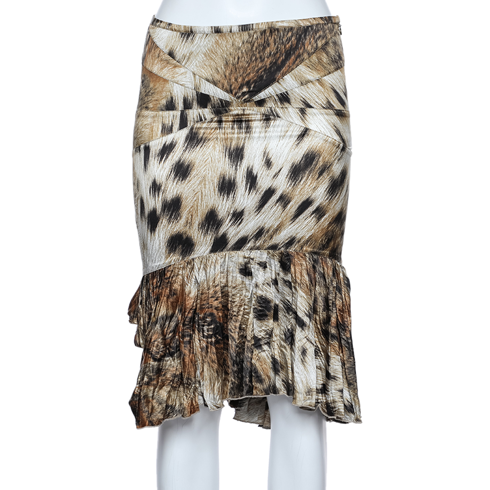 Just Cavalli Brown Animal Printed Satin Ruffled Hem Mini Skirt S