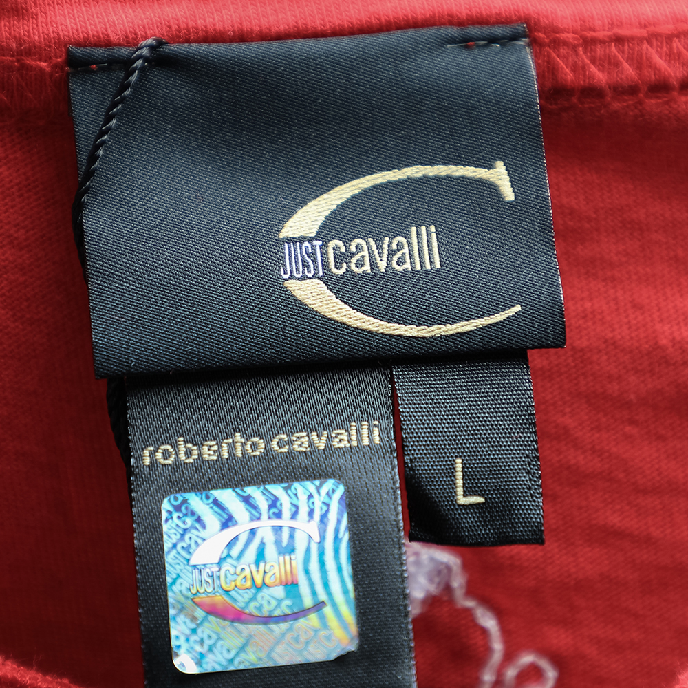 Just Cavalli Red Cotton Knit Logo Embroidered Button Front T-Shirt L