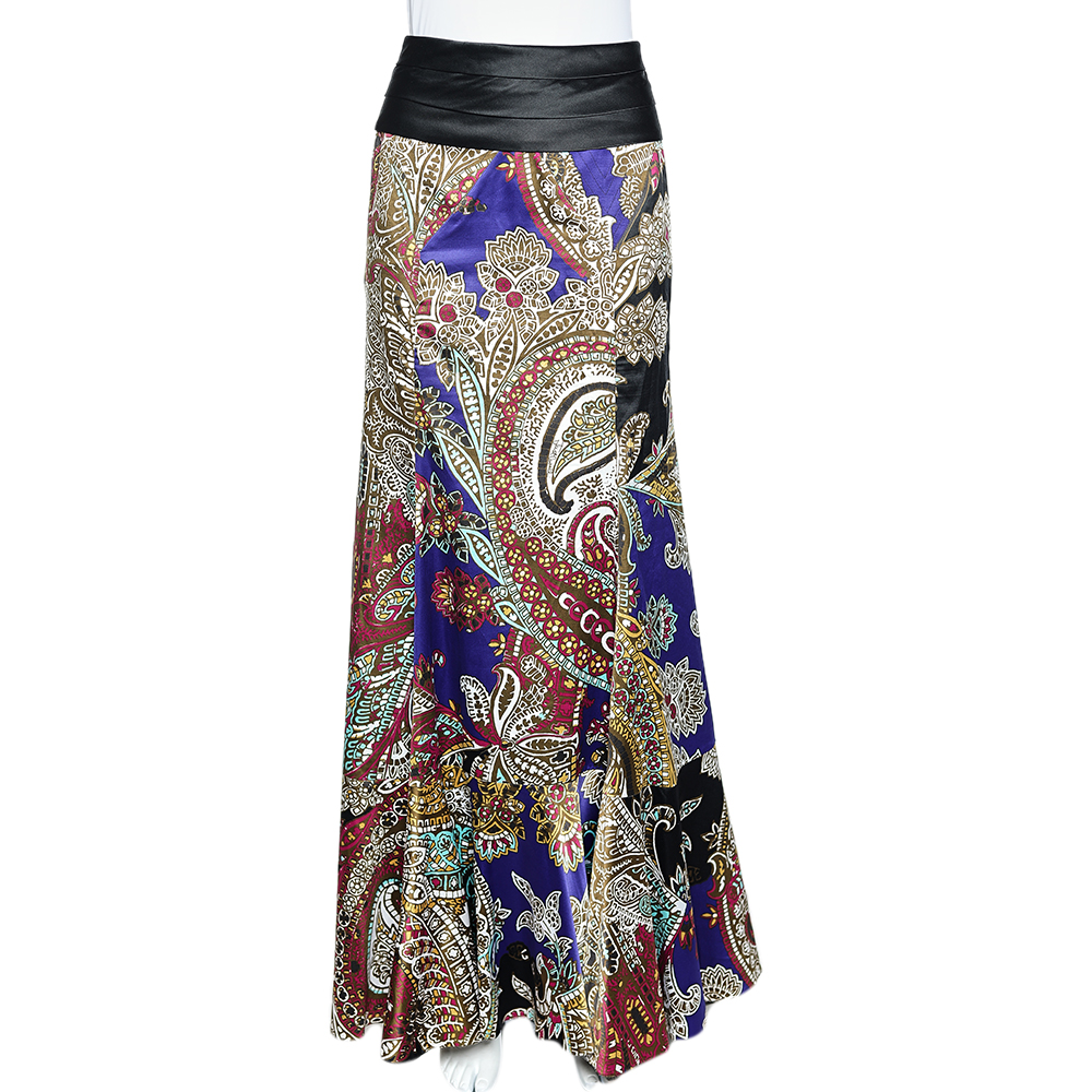 Just Cavalli Multicolor Printed Satin Ruffle Detail Maxi Skirt S