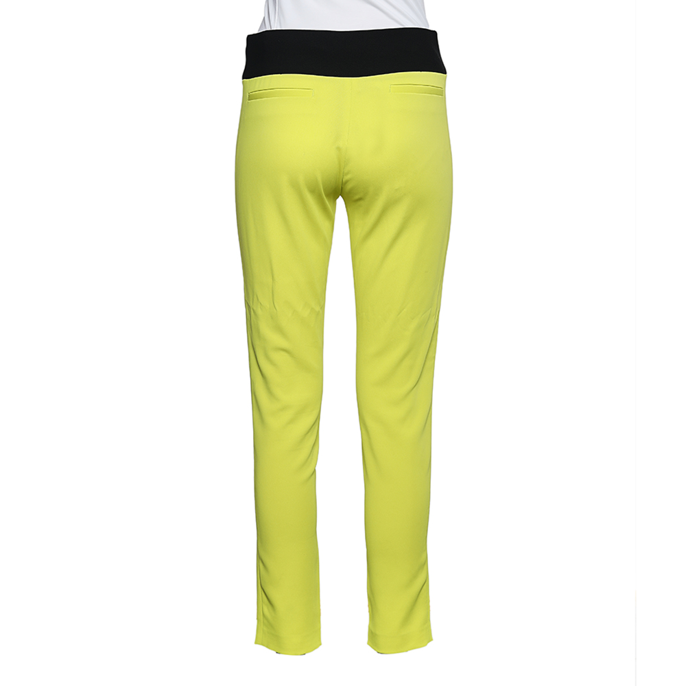 Just Cavalli Neon Yellow Crepe Contrast Waist Detail Tapered Leg Trousers S