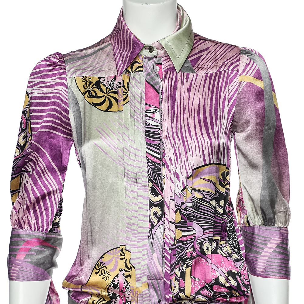 Just Cavalli Multicolor Printed Silk Belted Ruffled Hem Dress S
