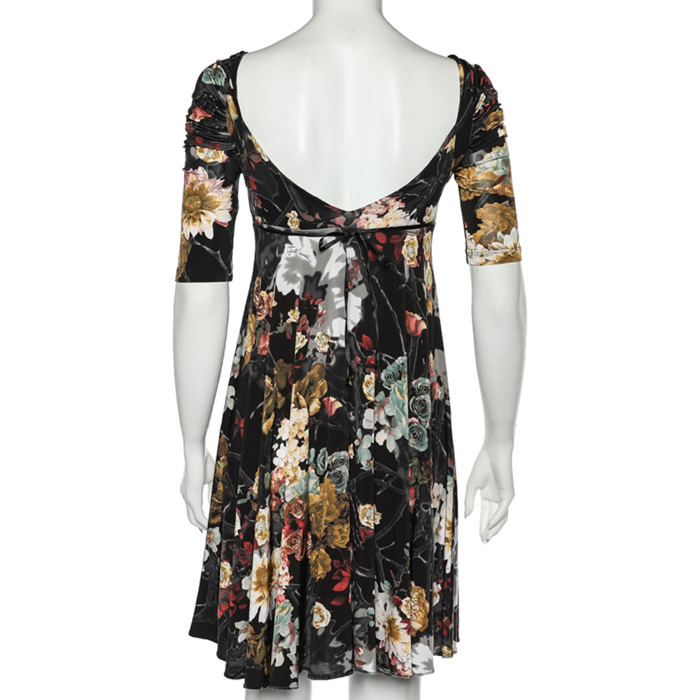 Just Cavalli Black Floral Printed Jersey Ruched Sleeve Detail Mini Dress S