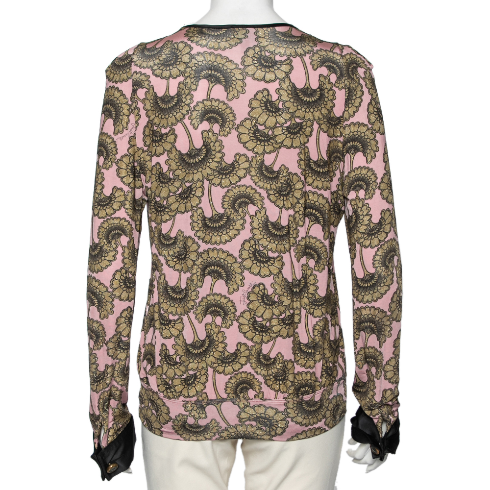 Just Cavalli Pink & Gold Printed Jersey Pintuck Detailed Top L