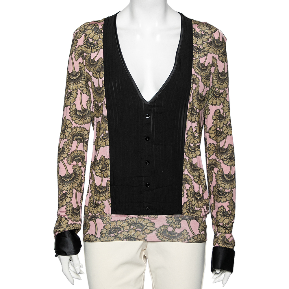 Just cavalli pink & gold printed jersey pintuck detailed top l
