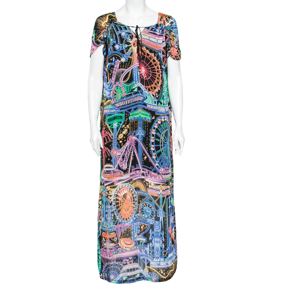 Just Cavalli Multicolor Printed Chiffon Slide Slit Detailed Maxi Dress S