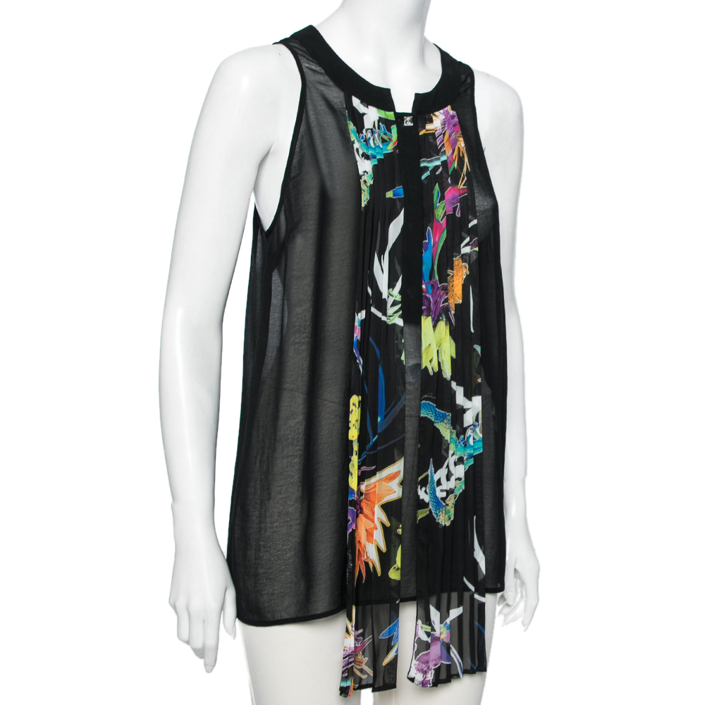 Just Cavalli Black Crepe Pleated Front Tie Detail Sleeveless Top M