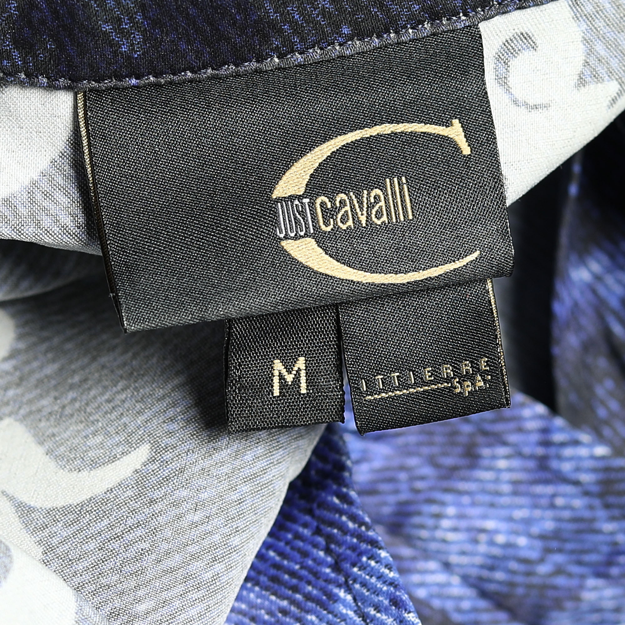 Just Cavalli Blue Printed Sateen Ruffle Trim Front Shirt M