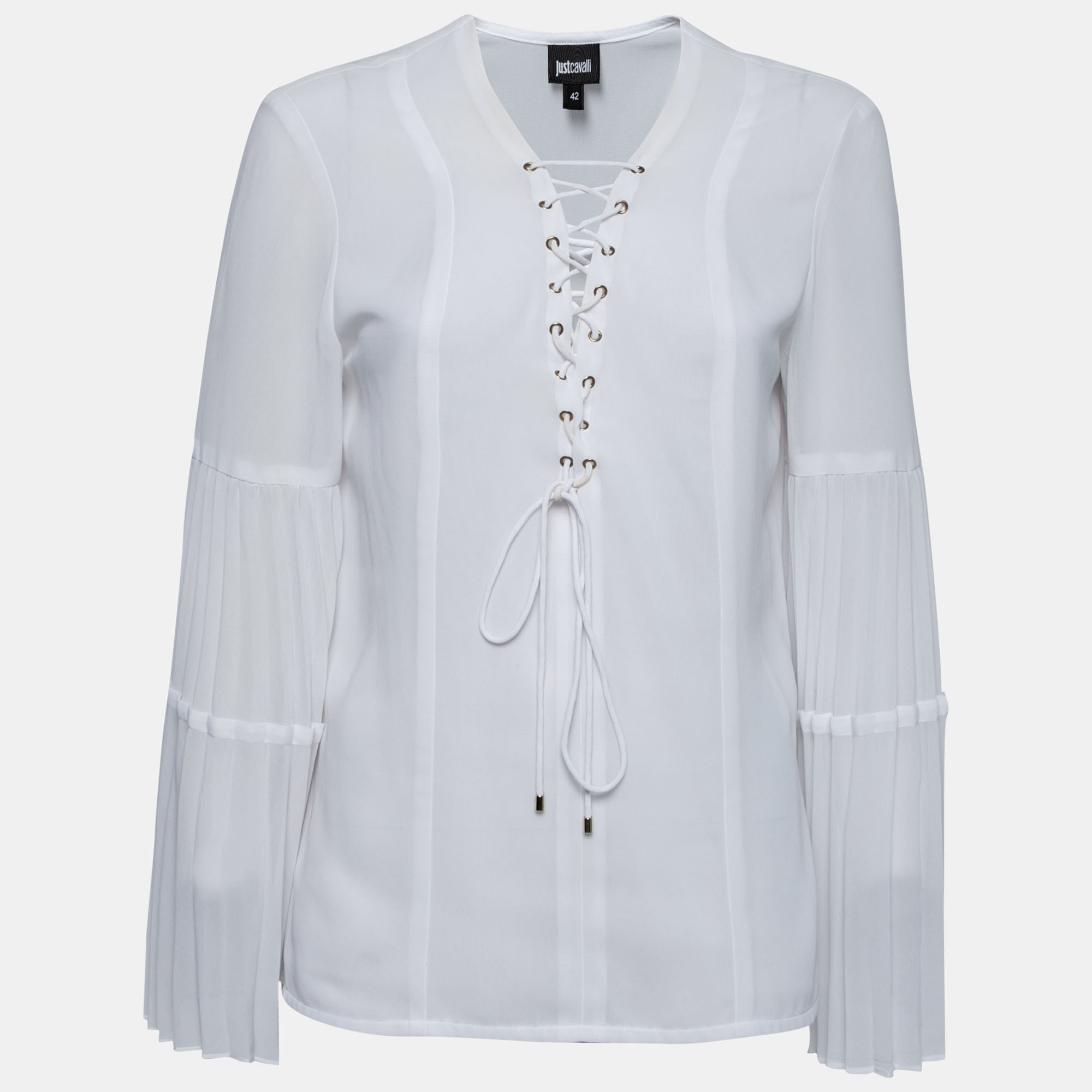 Just cavalli white crepe lace-up detail flute sleeve blouse m