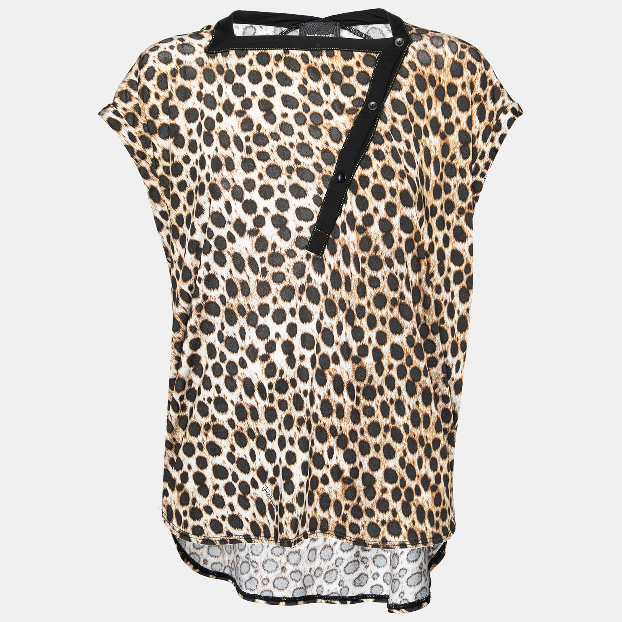 Just Cavalli Brown Leopard Printed Jersey Asymmetric Button Front Top XS