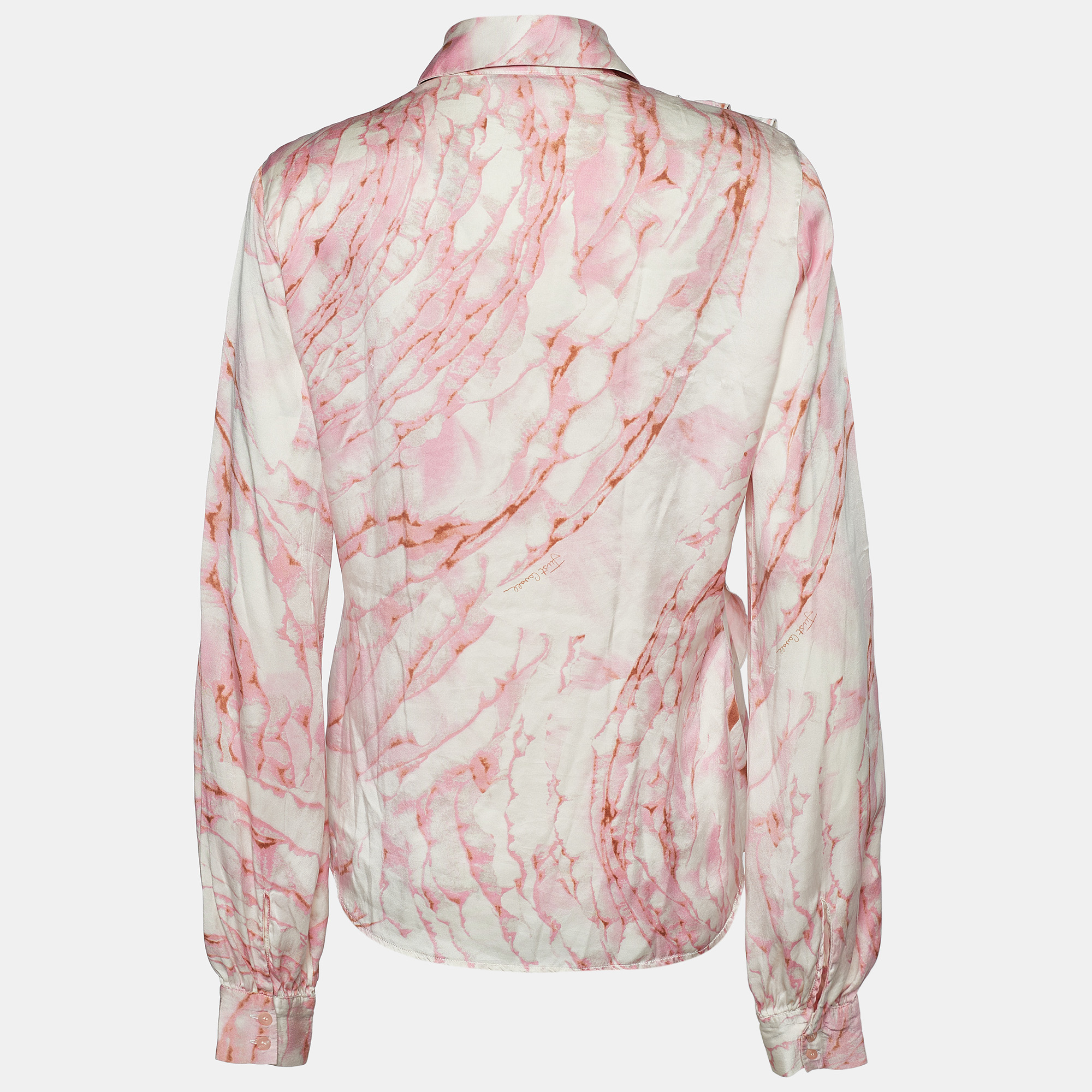 Just Cavalli Pink Printed Satin Silk Ruffle Shirt L