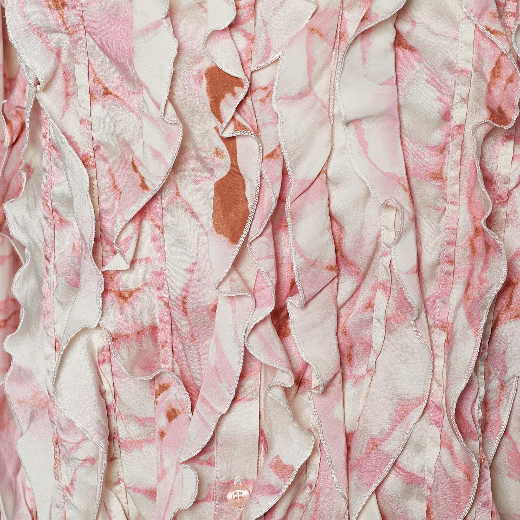 Just Cavalli Pink Printed Satin Silk Ruffle Shirt L