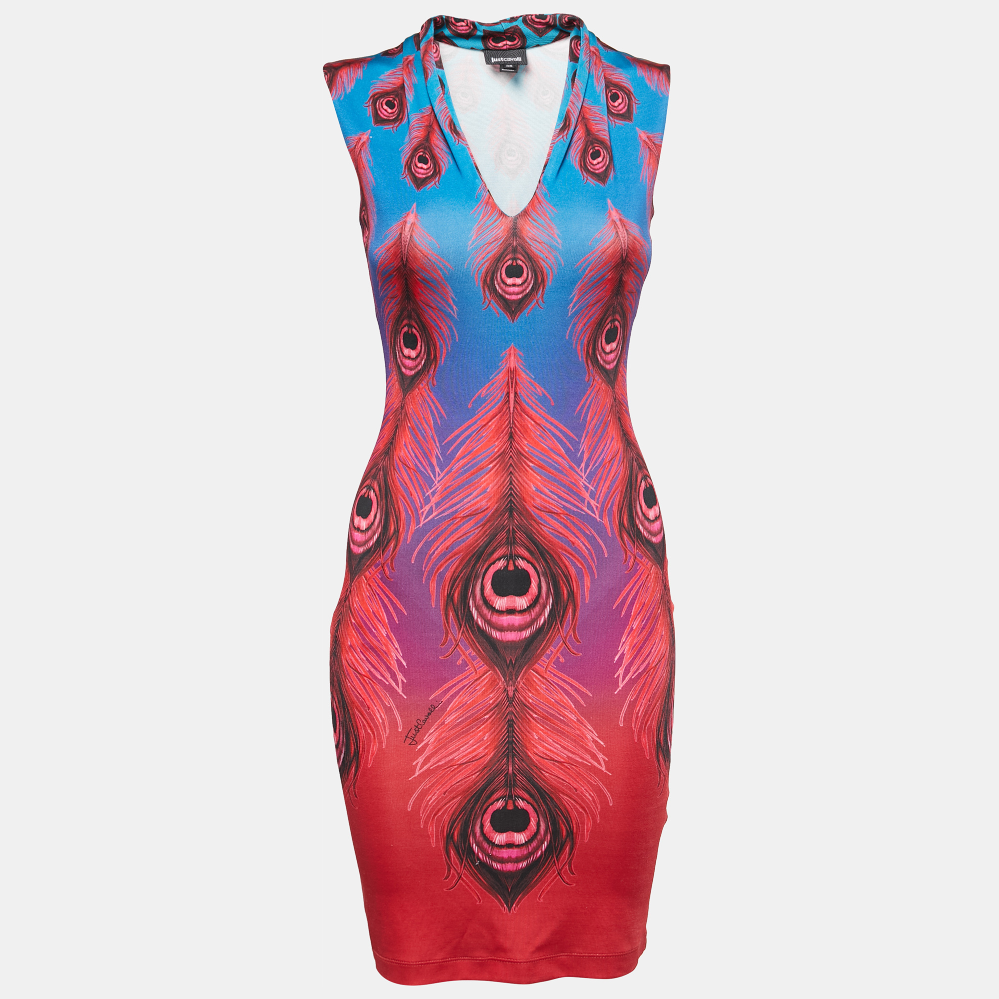 Just Cavalli Blue/Red Peacock Feather Printed Jersey Bodycon Dress S
