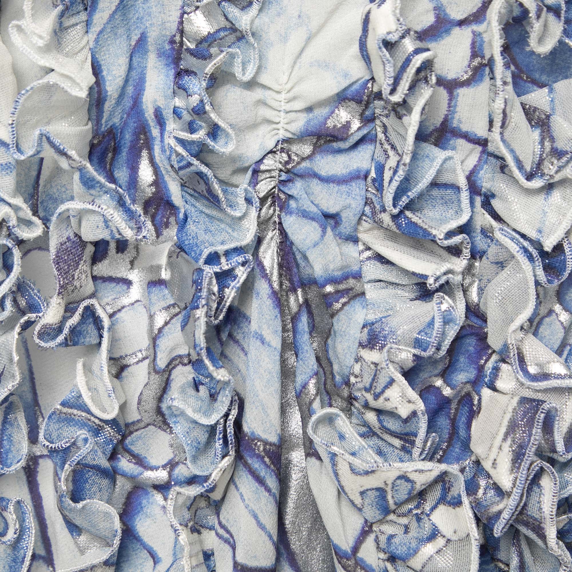 Just Cavalli Blue Printed Silk Strappy Open Back Ruffled Mini Dress M