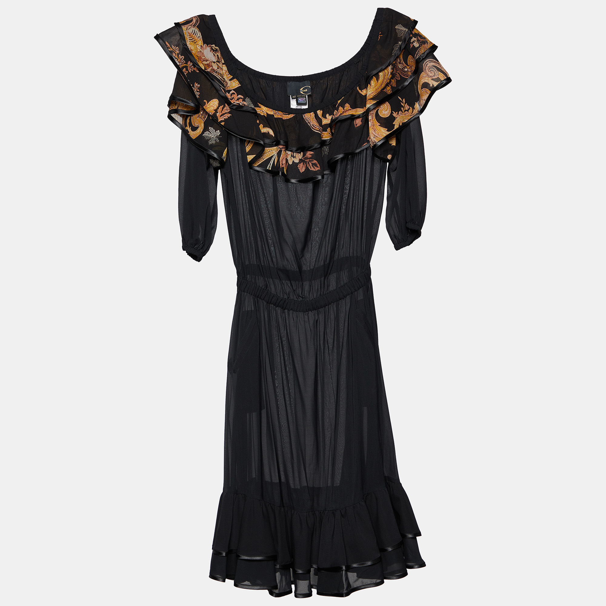 Just Cavalli Black Printed Silk Tiered Midi Dress M