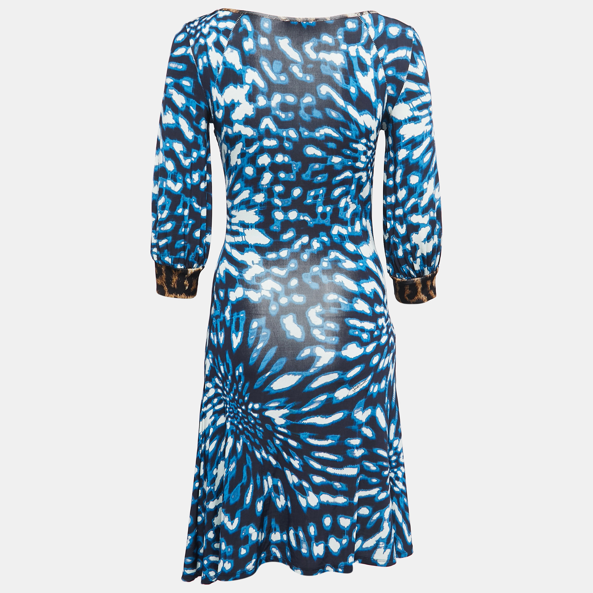 Just Cavalli Blue Printed Jersey Long Sleeve Midi Dress S