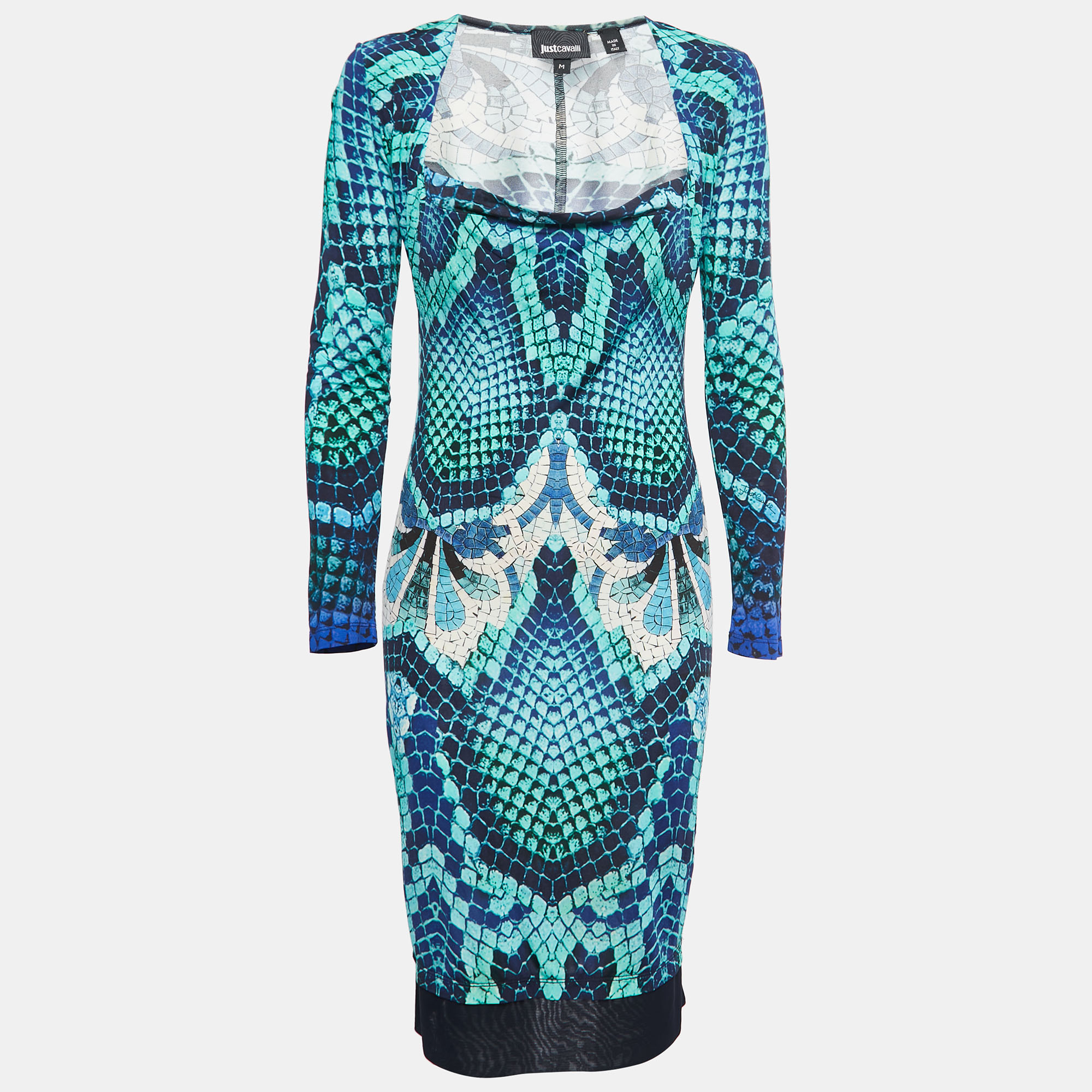 Just Cavalli Blue Snake Print Jersey Long Sleeve Midi Dress M