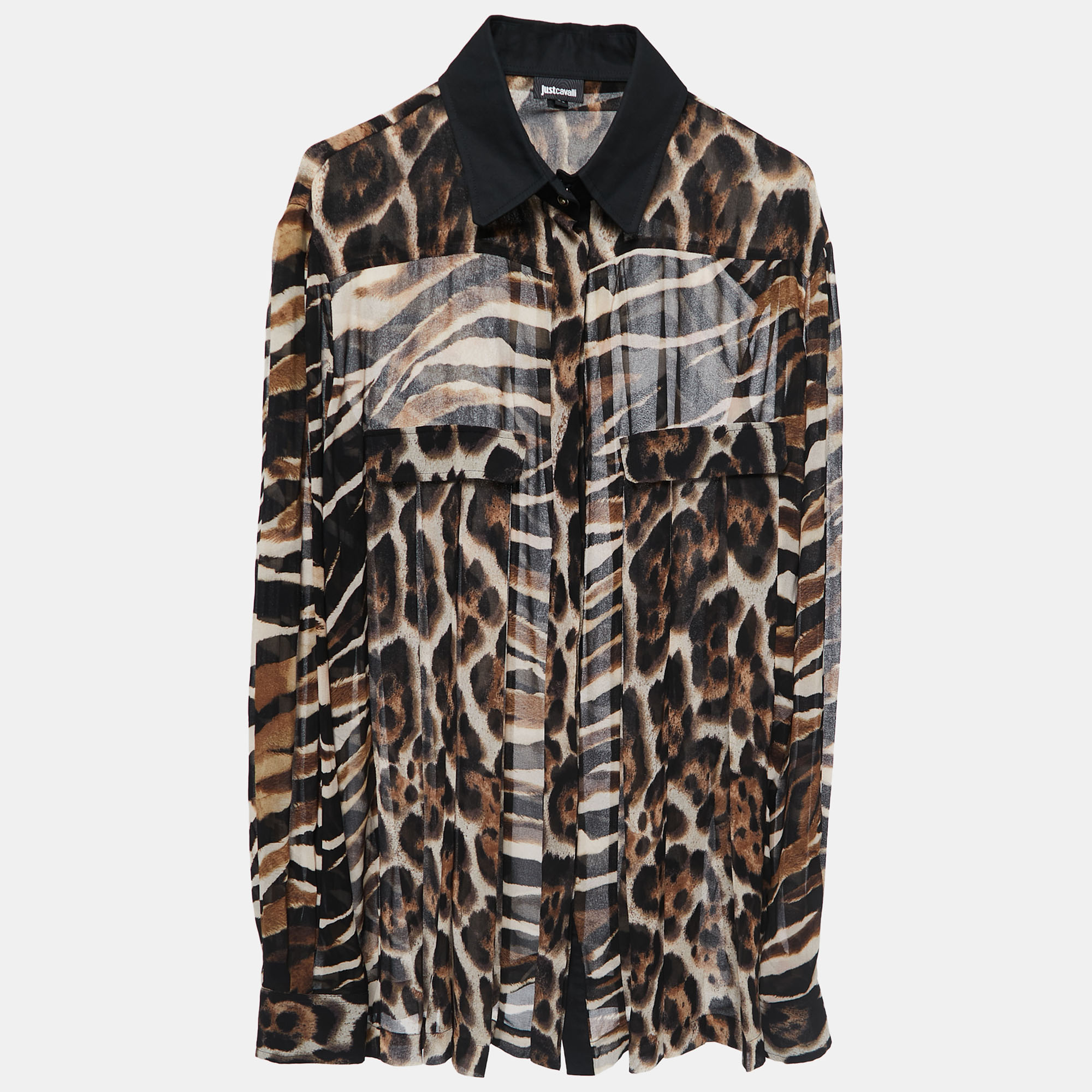 Just Cavalli Black Animal Print Synthetic Button Front Full Sleeve Shirt Blouse XL