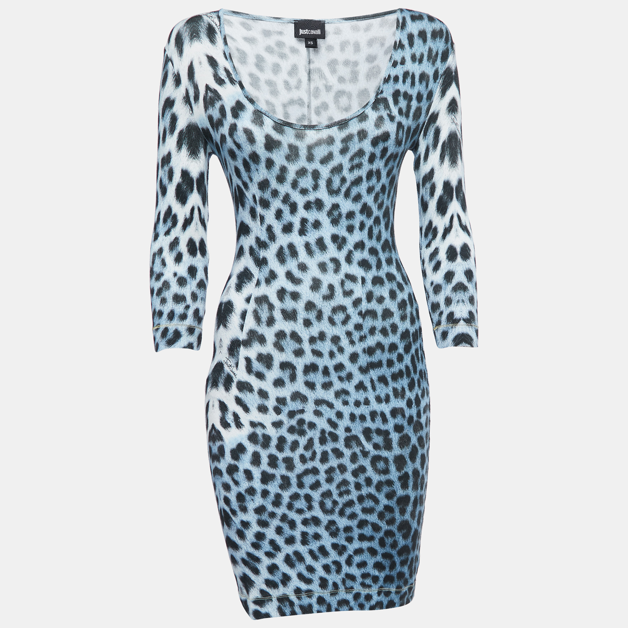 Just Cavalli Blue Leopard Print Knit Long Sleeve Mini Dress XS