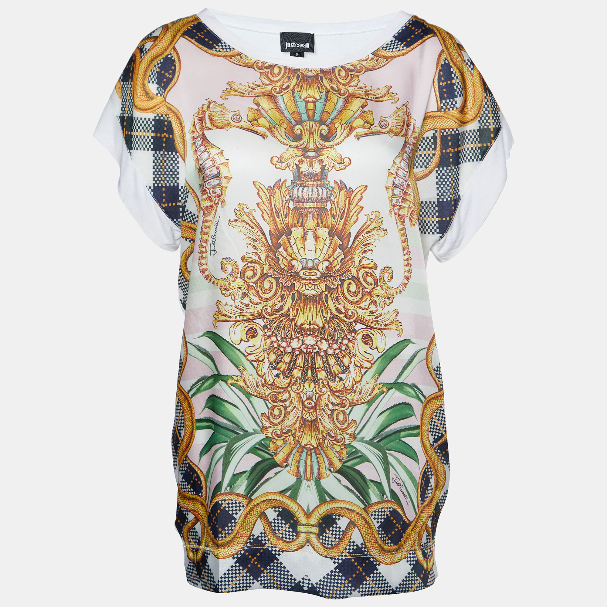 Just cavalli white printed twill & modal knit oversized top s