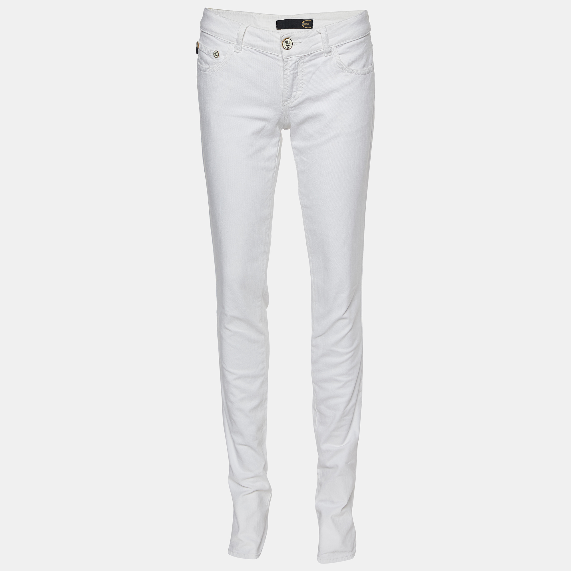 Just cavalli white denim embroidered pocket detail jeans s waist: 30.5"
